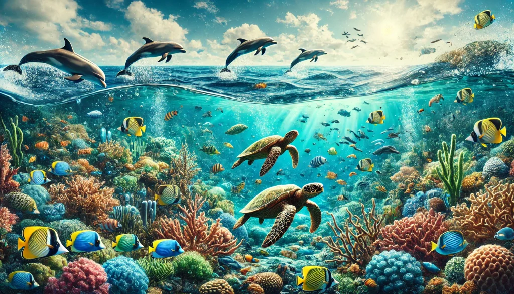 A serene ocean scene emphasizing environmental conservation, featuring diverse marine life thriving within a pristine underwater ecosystem.