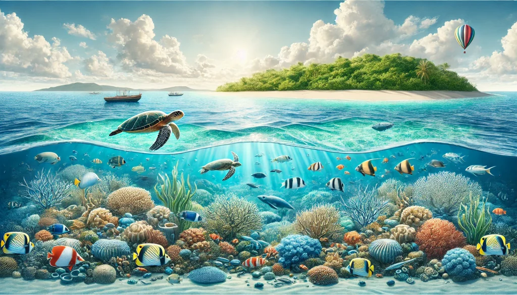 A serene and pristine ocean landscape depicting a healthy marine ecosystem, emphasizing strategies for reducing ocean pollution and preserving biodiversity.