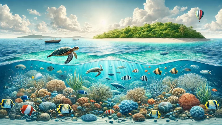 A serene and pristine ocean landscape depicting a healthy marine ecosystem, emphasizing strategies for reducing ocean pollution and preserving biodiversity.