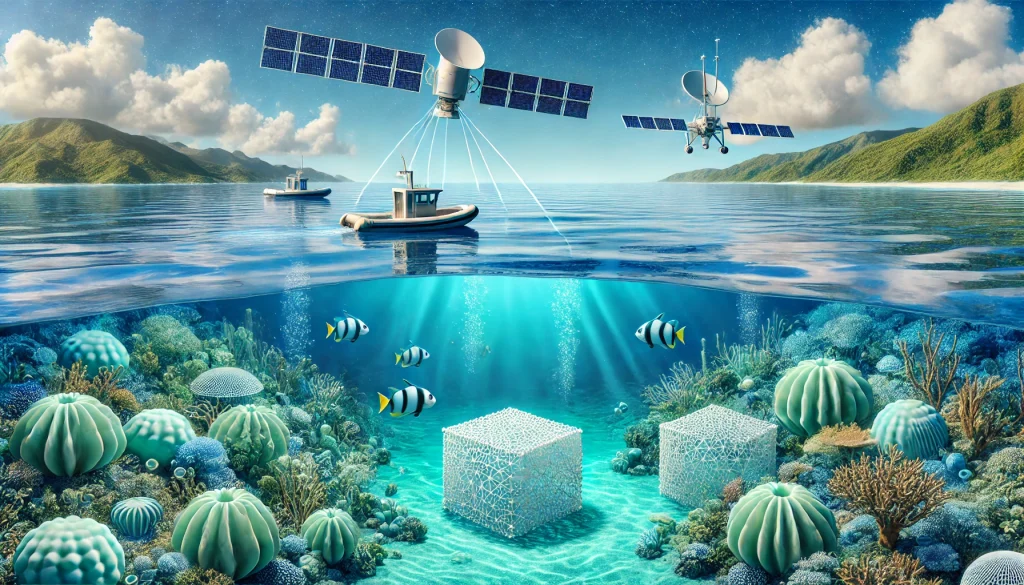 A serene ocean landscape showcasing advanced technologies for safeguarding marine habitats. The scene includes a satellite vessel tracking system floating above the ocean, 3D printed reef structures submerged underwater creating a habitat, and autonomous vessels collecting data on the sea surface. 