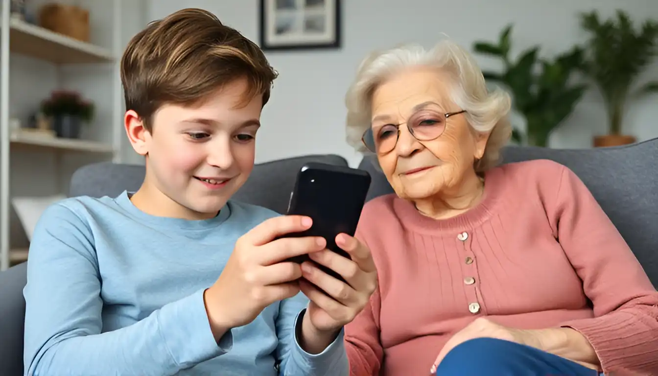 A teenage boy is sitting next to his grandmother and shows her his phone screen (explaining how to install the tracking app).