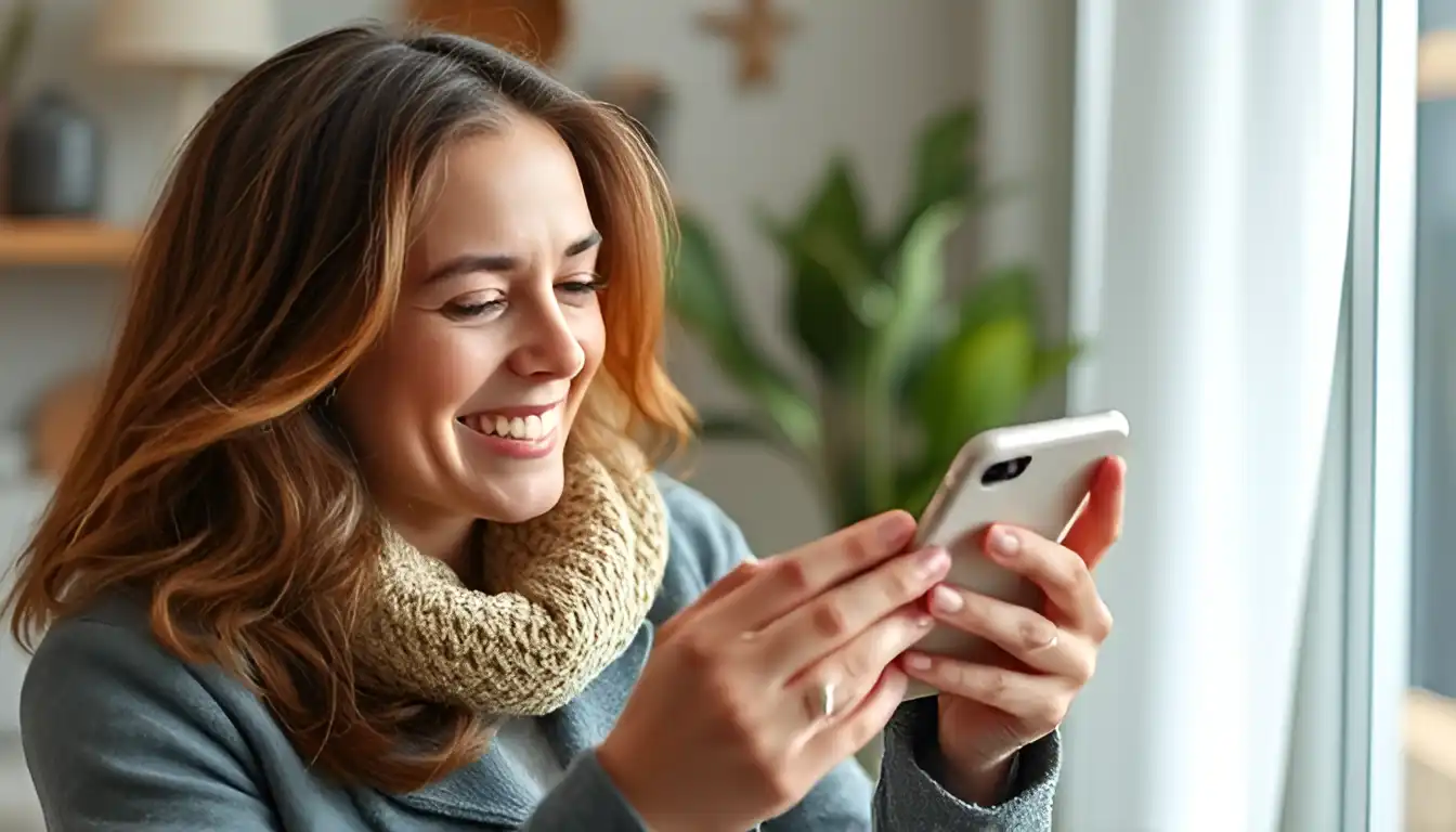 A happy woman is installing and configuring a phone location app, ensuring her phone and family members are trackable at all times.