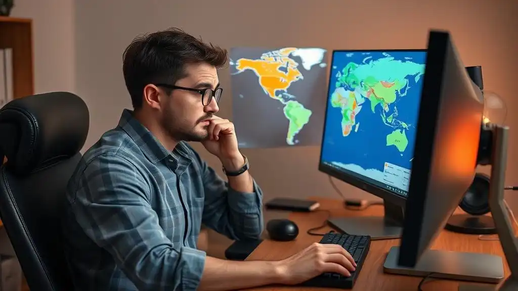 A puzzled male user sits in front of his PC and tries to track the location of his lost device on a map.