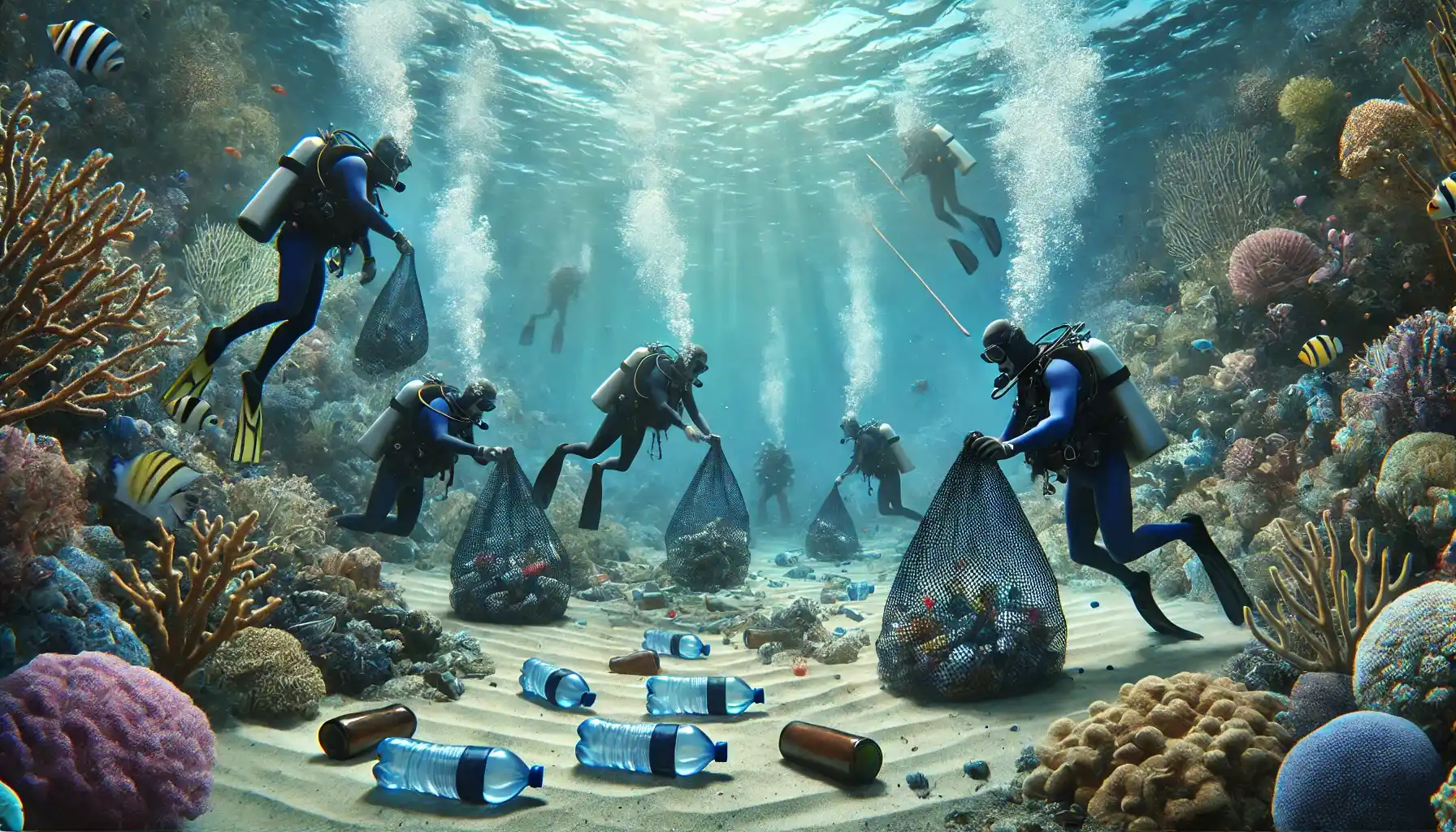 Divers cleaning up the ocean floor, collecting plastic waste like bottles and bags. 