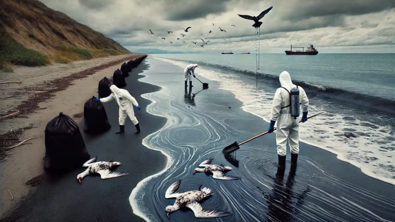 The beach is covered in thick, black fuel oil, with dead seabirds and marine animals washed ashore. Volunteers in protective suits are using shovels and absorbent materials to clean the contaminated shoreline.