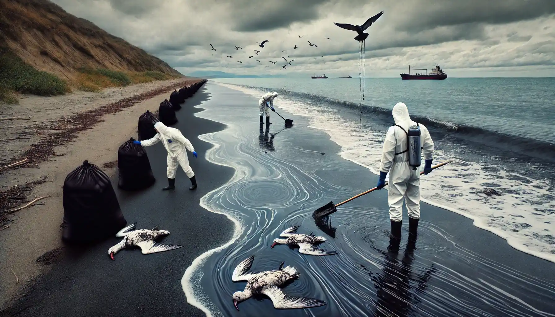 The beach is covered in thick, black fuel oil, with dead seabirds and marine animals washed ashore. Volunteers in protective suits are using shovels and absorbent materials to clean the contaminated shoreline.