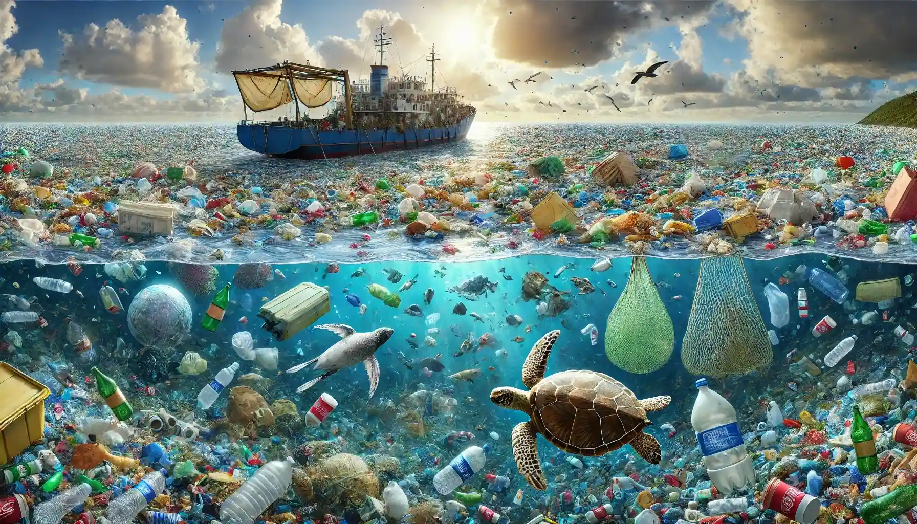 The Great Pacific Garbage Patch, i.e. the ocean surface is densely covered with floating plastic waste, including bottles, bags, fishing nets, and other debris.