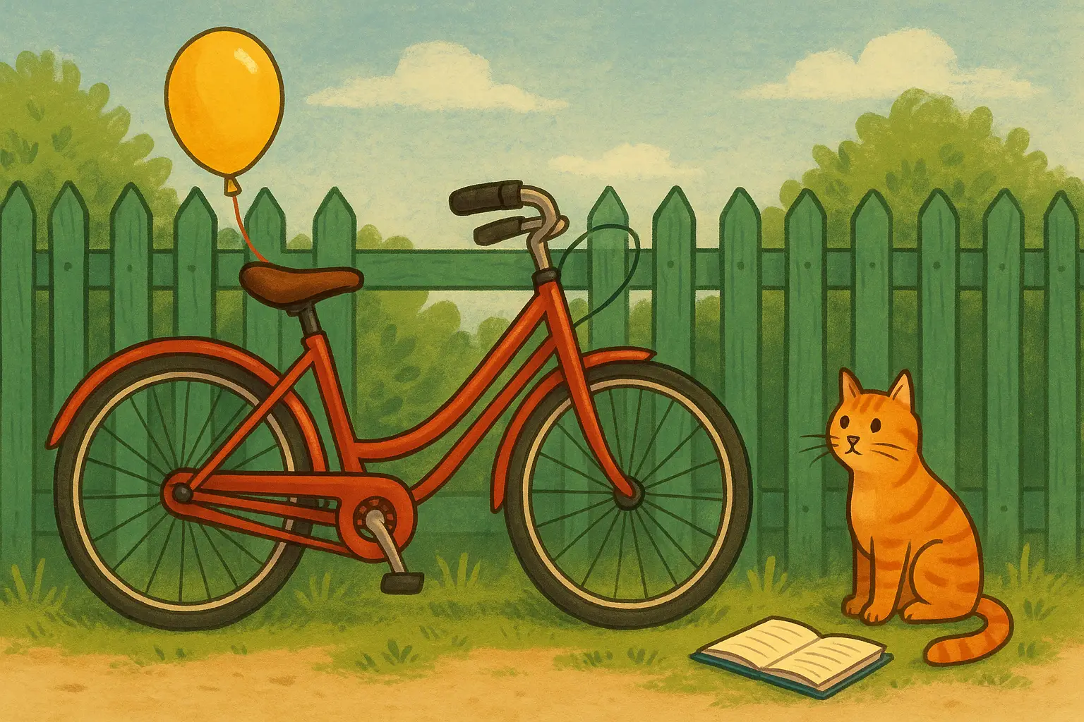 Cartoon-style illustration of a red bike by a green picket fence, a balloon floating from the handlebars, with a cat and a notebook beside it.