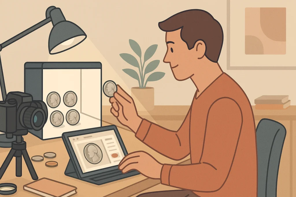 A numismatist prepares a professional camera to photograph a Jefferson 1964 nickel.