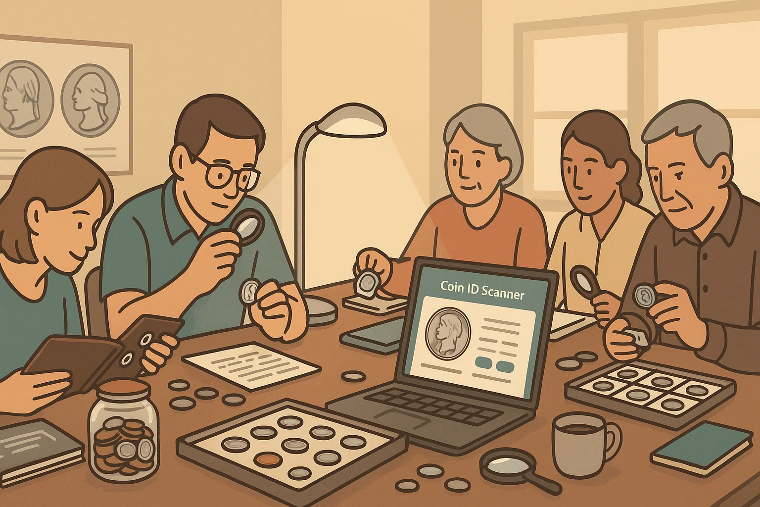 A coin collecting community gathers to observe nickels from different periods.