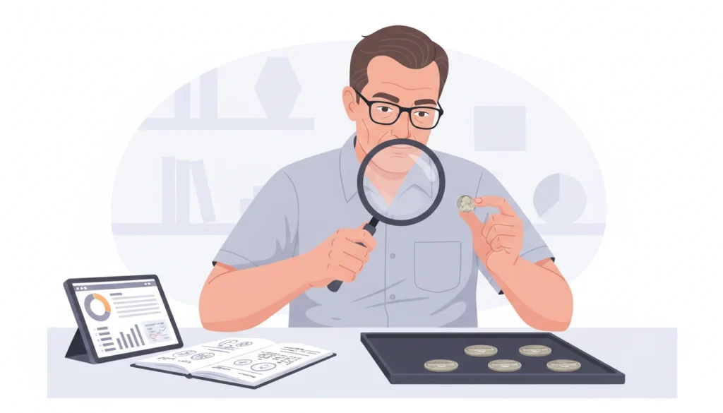 A collector inspecting a 1960 Jefferson nickel with magnifier