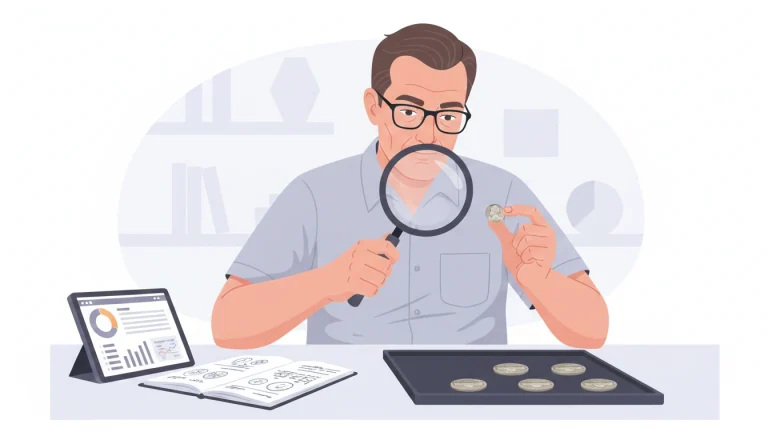 A collector inspecting a 1960 Jefferson nickel with magnifier