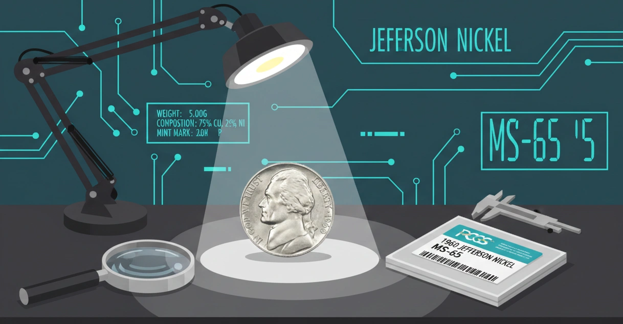 A grading lab scene featuring a 1960 Jefferson nickel, modern digital vector style